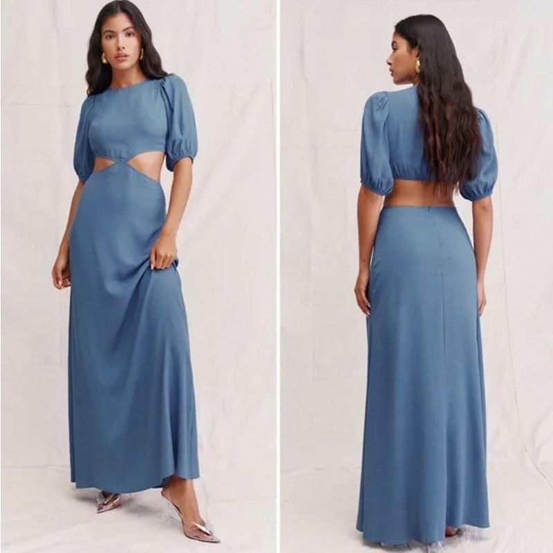 Reformation Tory Maxi Dress Cut Out Puff Short Sleeve Gown Wedding Guest Blue